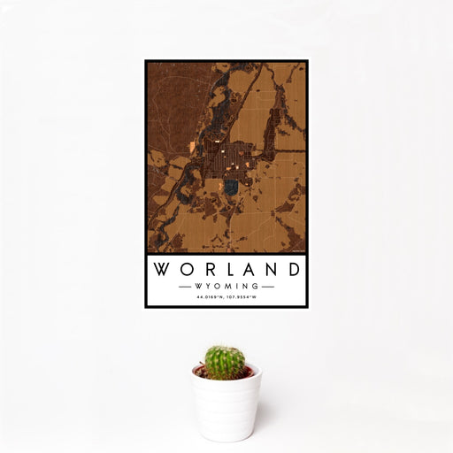 12x18 Worland Wyoming Map Print Portrait Orientation in Ember Style With Small Cactus Plant in White Planter