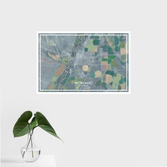 16x24 Worland Wyoming Map Print Landscape Orientation in Afternoon Style With Tropical Plant Leaves in Water