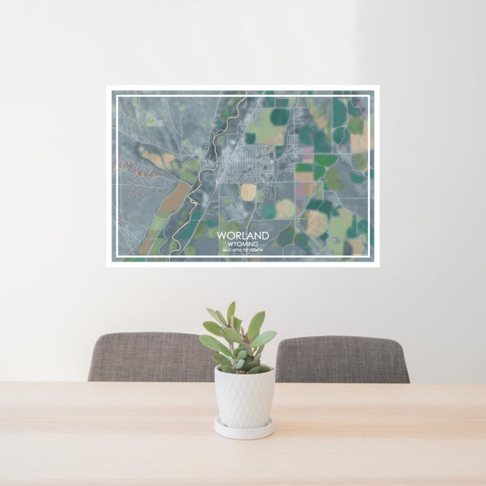 24x36 Worland Wyoming Map Print Lanscape Orientation in Afternoon Style Behind 2 Chairs Table and Potted Plant