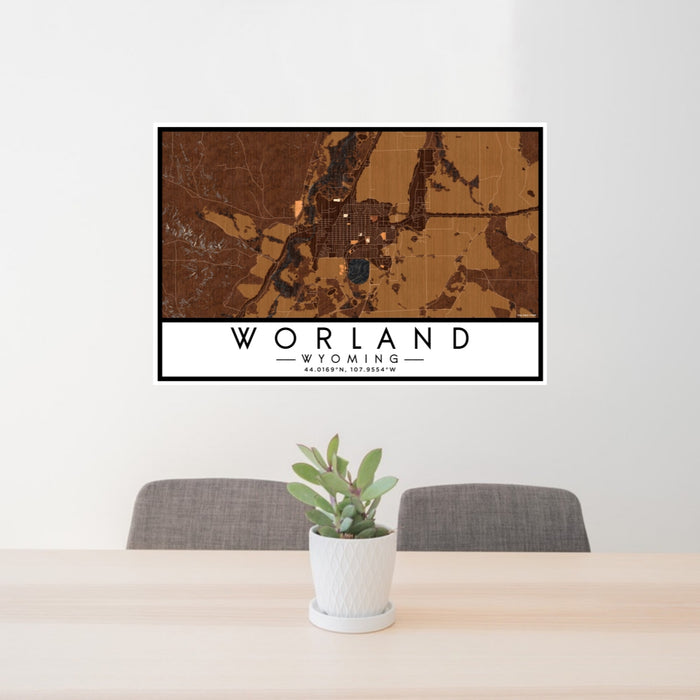 24x36 Worland Wyoming Map Print Lanscape Orientation in Ember Style Behind 2 Chairs Table and Potted Plant