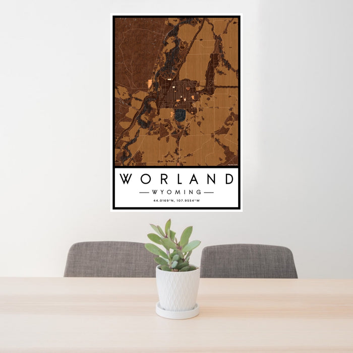 24x36 Worland Wyoming Map Print Portrait Orientation in Ember Style Behind 2 Chairs Table and Potted Plant