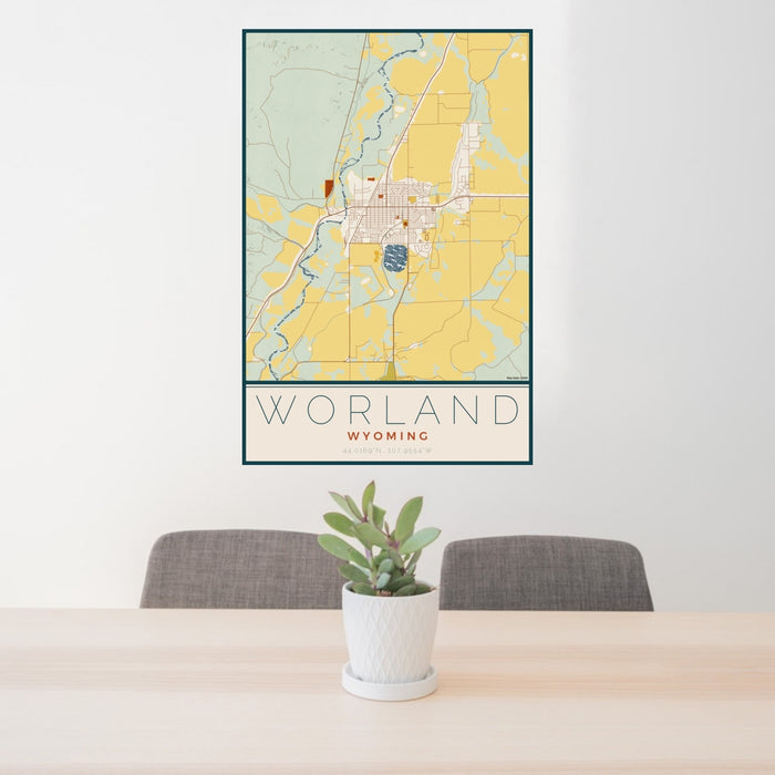 24x36 Worland Wyoming Map Print Portrait Orientation in Woodblock Style Behind 2 Chairs Table and Potted Plant