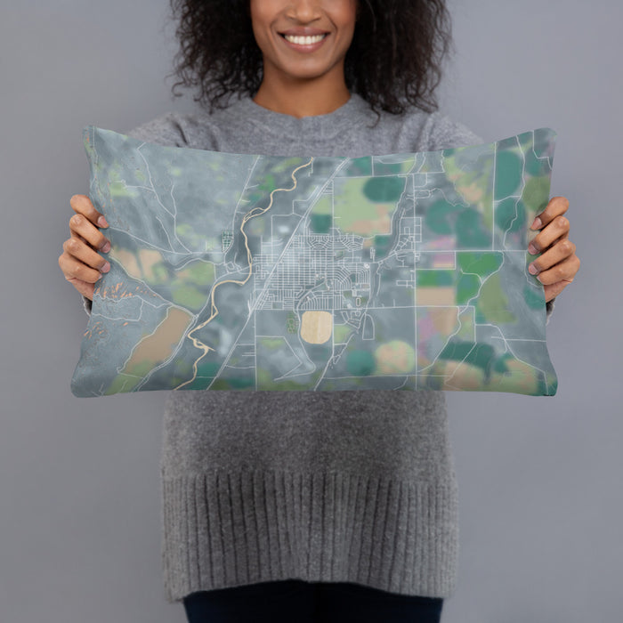 Person holding 20x12 Custom Worland Wyoming Map Throw Pillow in Afternoon