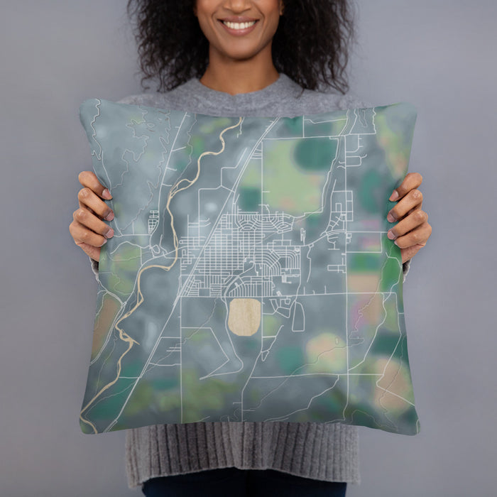 Person holding 18x18 Custom Worland Wyoming Map Throw Pillow in Afternoon