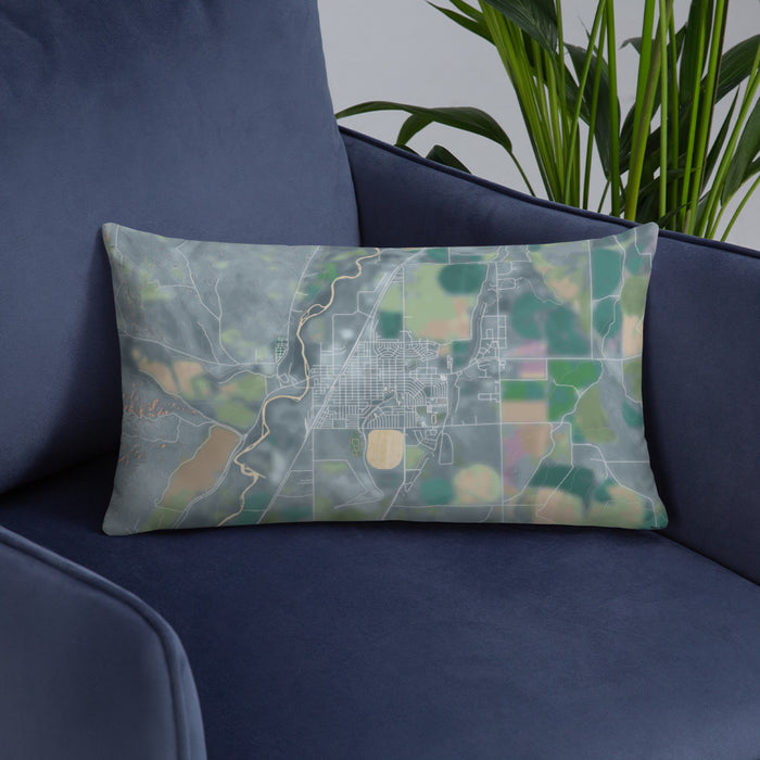 Custom Worland Wyoming Map Throw Pillow in Afternoon on Blue Colored Chair
