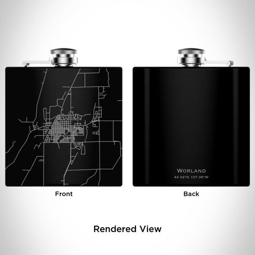 Rendered View of Worland Wyoming Map Engraving on 6oz Stainless Steel Flask in Black
