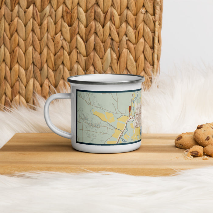 Left View Custom Worland Wyoming Map Enamel Mug in Woodblock on Table Top