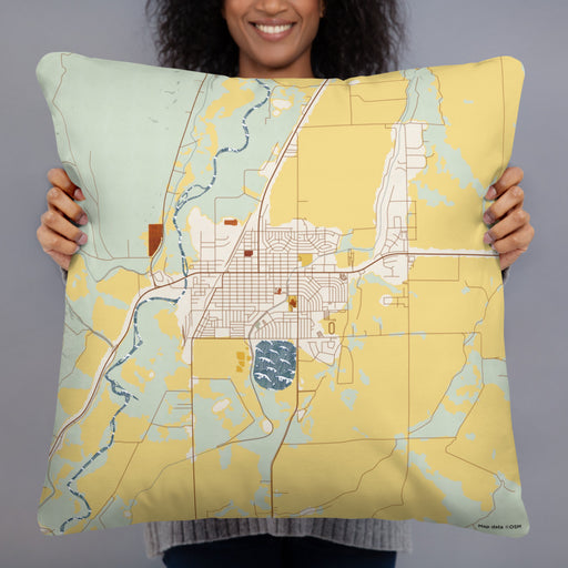 Person holding 22x22 Custom Worland Wyoming Map Throw Pillow in Woodblock