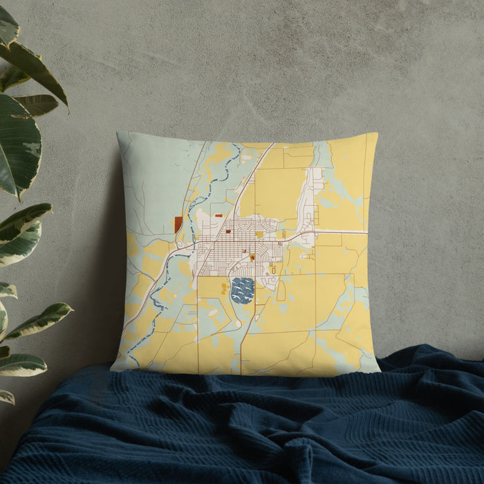 Custom Worland Wyoming Map Throw Pillow in Woodblock on Bedding Against Wall