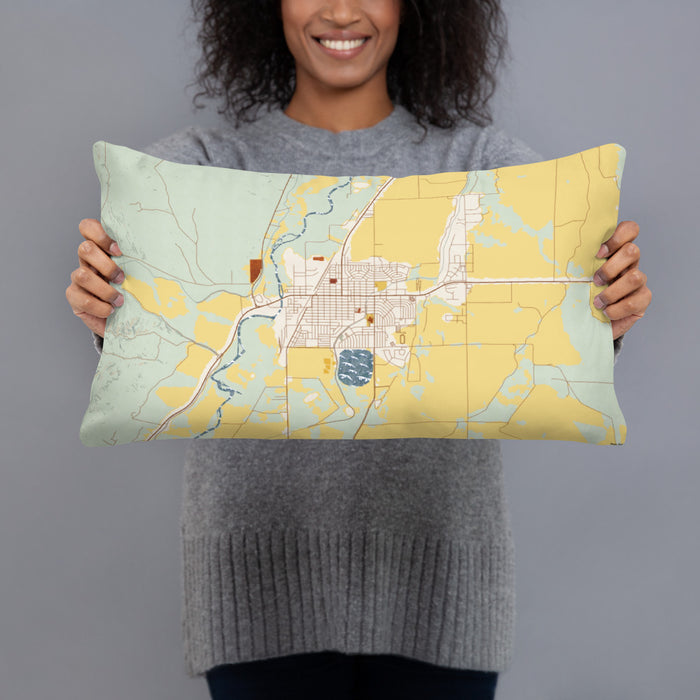 Person holding 20x12 Custom Worland Wyoming Map Throw Pillow in Woodblock