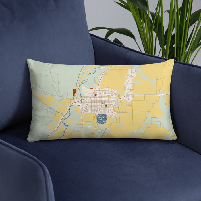 Custom Worland Wyoming Map Throw Pillow in Woodblock on Blue Colored Chair