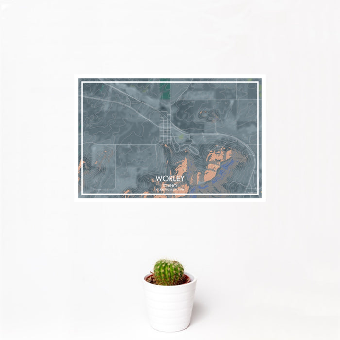 12x18 Worley Idaho Map Print Landscape Orientation in Afternoon Style With Small Cactus Plant in White Planter