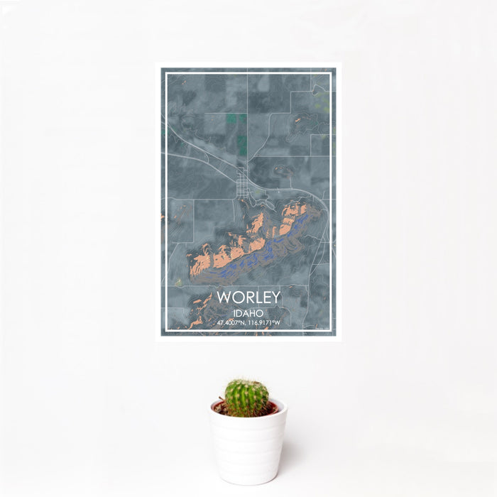 12x18 Worley Idaho Map Print Portrait Orientation in Afternoon Style With Small Cactus Plant in White Planter