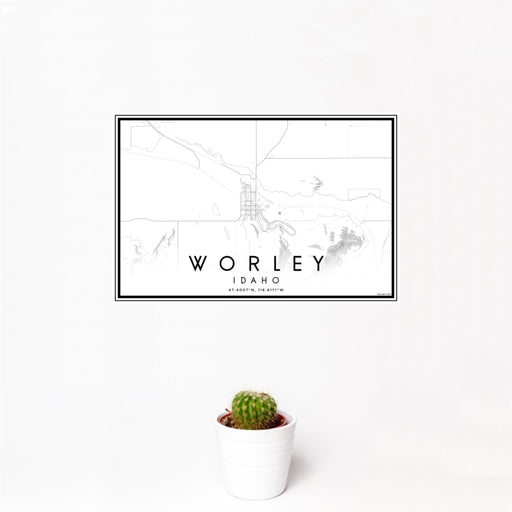 12x18 Worley Idaho Map Print Landscape Orientation in Classic Style With Small Cactus Plant in White Planter