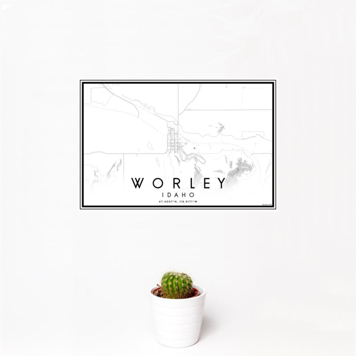 12x18 Worley Idaho Map Print Landscape Orientation in Classic Style With Small Cactus Plant in White Planter