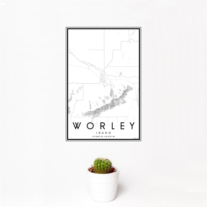 12x18 Worley Idaho Map Print Portrait Orientation in Classic Style With Small Cactus Plant in White Planter