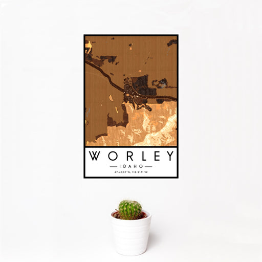12x18 Worley Idaho Map Print Portrait Orientation in Ember Style With Small Cactus Plant in White Planter