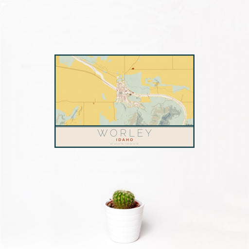12x18 Worley Idaho Map Print Landscape Orientation in Woodblock Style With Small Cactus Plant in White Planter
