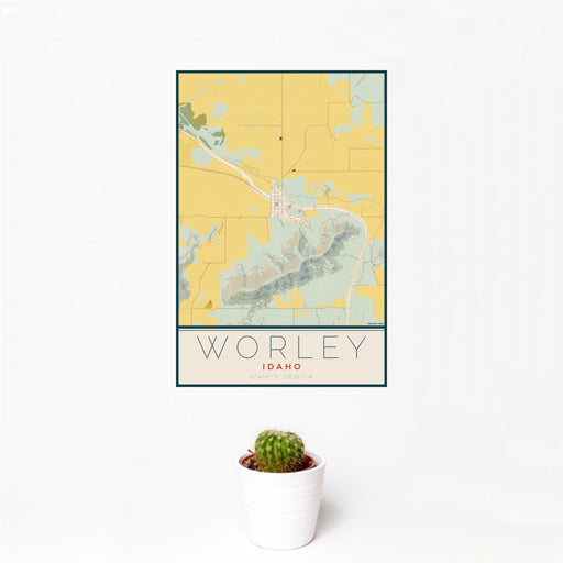 12x18 Worley Idaho Map Print Portrait Orientation in Woodblock Style With Small Cactus Plant in White Planter