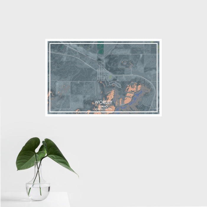 16x24 Worley Idaho Map Print Landscape Orientation in Afternoon Style With Tropical Plant Leaves in Water