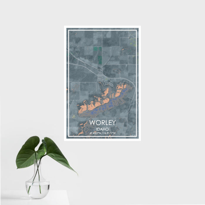 16x24 Worley Idaho Map Print Portrait Orientation in Afternoon Style With Tropical Plant Leaves in Water