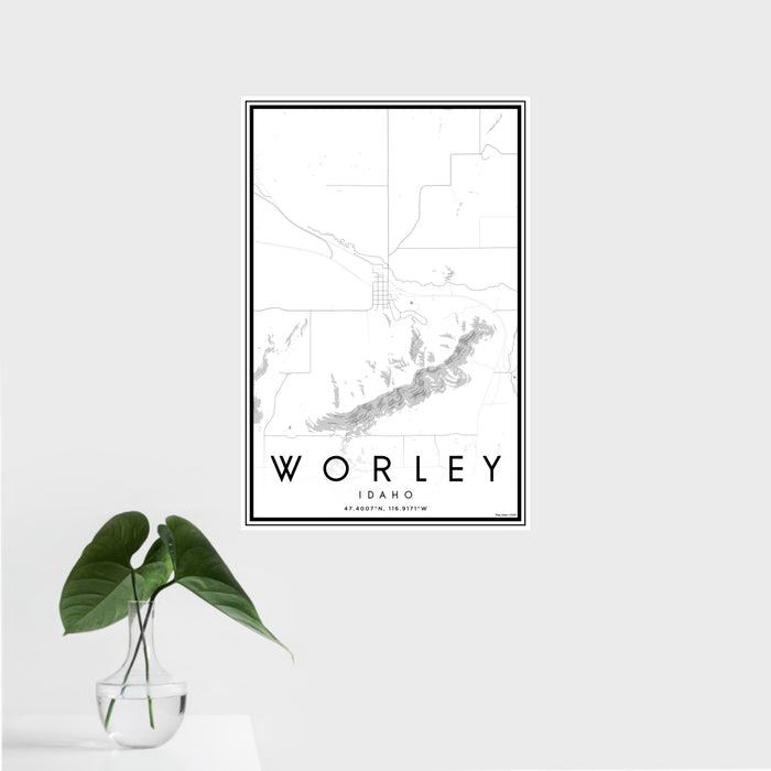 16x24 Worley Idaho Map Print Portrait Orientation in Classic Style With Tropical Plant Leaves in Water