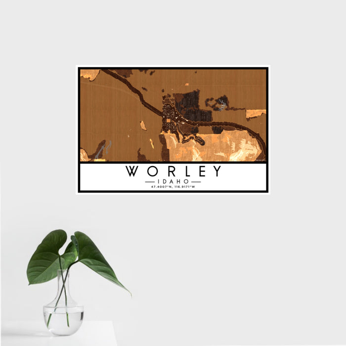 16x24 Worley Idaho Map Print Landscape Orientation in Ember Style With Tropical Plant Leaves in Water