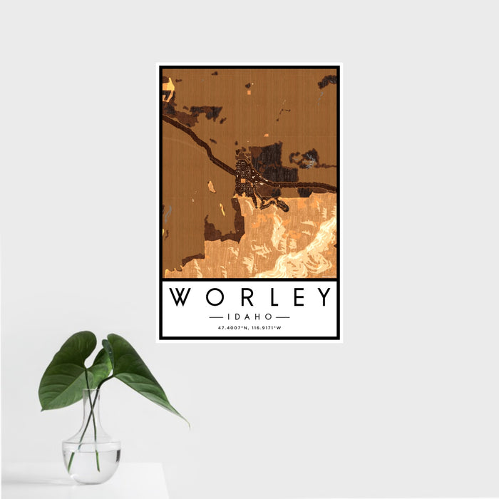 16x24 Worley Idaho Map Print Portrait Orientation in Ember Style With Tropical Plant Leaves in Water