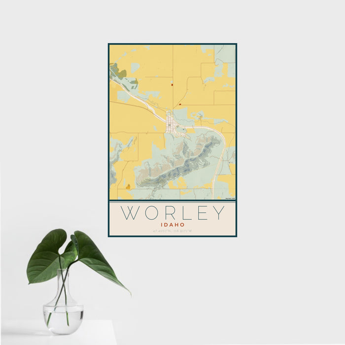 16x24 Worley Idaho Map Print Portrait Orientation in Woodblock Style With Tropical Plant Leaves in Water