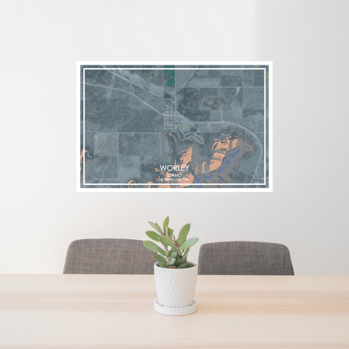 24x36 Worley Idaho Map Print Lanscape Orientation in Afternoon Style Behind 2 Chairs Table and Potted Plant