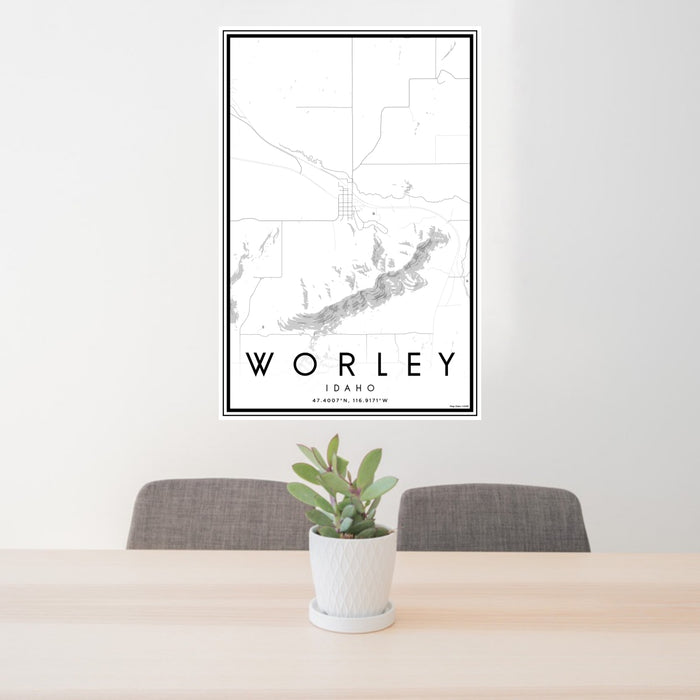 24x36 Worley Idaho Map Print Portrait Orientation in Classic Style Behind 2 Chairs Table and Potted Plant