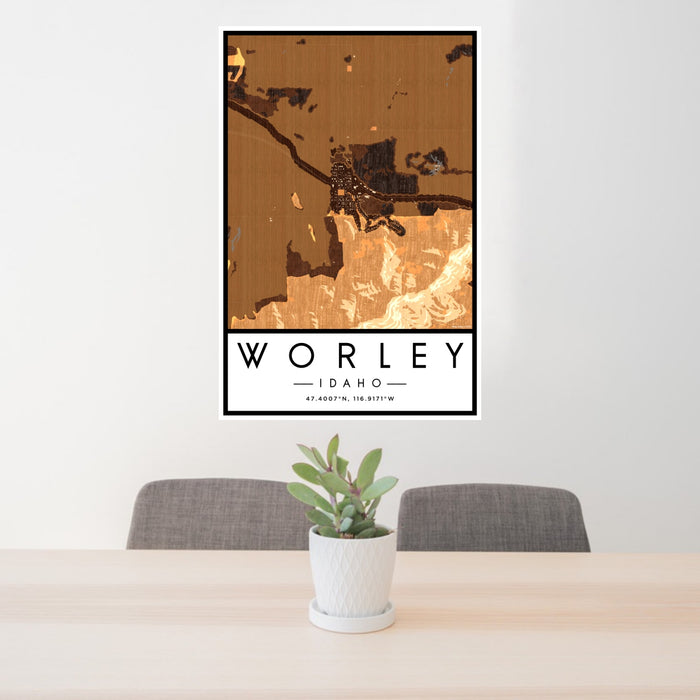 24x36 Worley Idaho Map Print Portrait Orientation in Ember Style Behind 2 Chairs Table and Potted Plant
