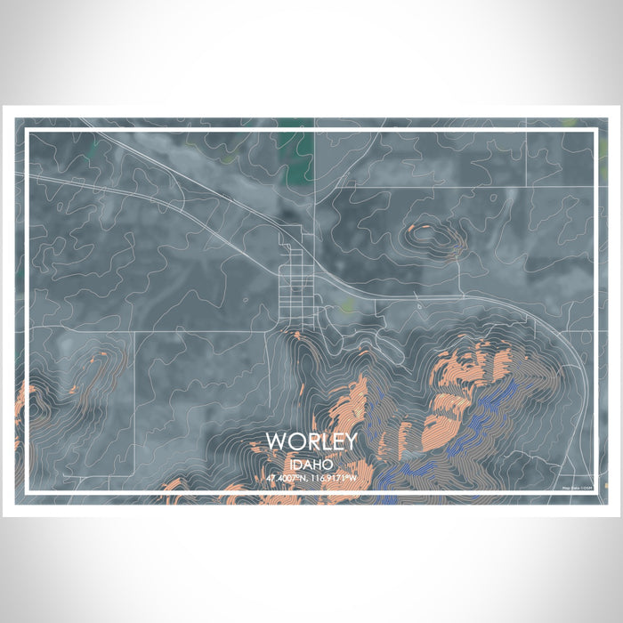Worley Idaho Map Print Landscape Orientation in Afternoon Style With Shaded Background