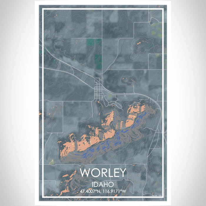 Worley Idaho Map Print Portrait Orientation in Afternoon Style With Shaded Background