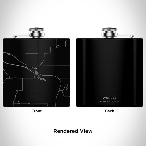 Rendered View of Worley Idaho Map Engraving on 6oz Stainless Steel Flask in Black