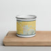Front View Custom Worley Idaho Map Enamel Mug in Woodblock on Cutting Board