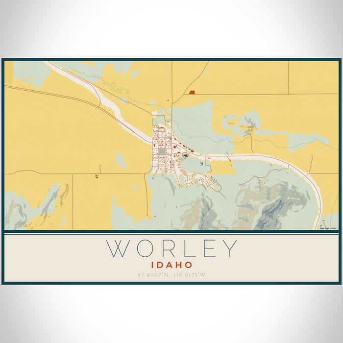 Worley Idaho Map Print Landscape Orientation in Woodblock Style With Shaded Background