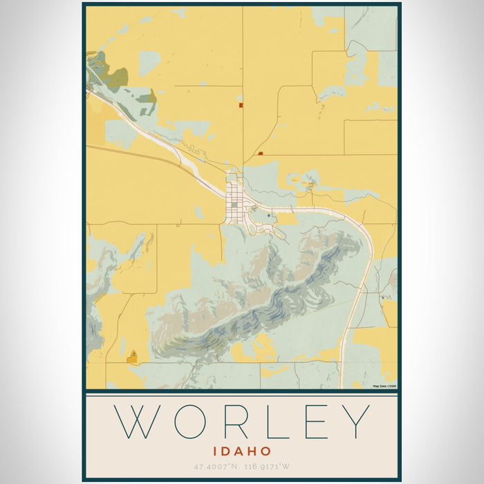 Worley Idaho Map Print Portrait Orientation in Woodblock Style With Shaded Background