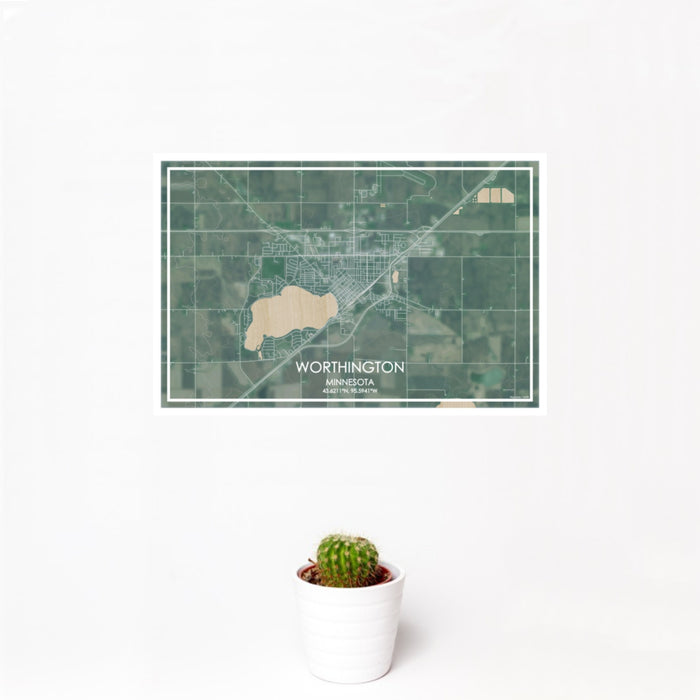 12x18 Worthington Minnesota Map Print Landscape Orientation in Afternoon Style With Small Cactus Plant in White Planter