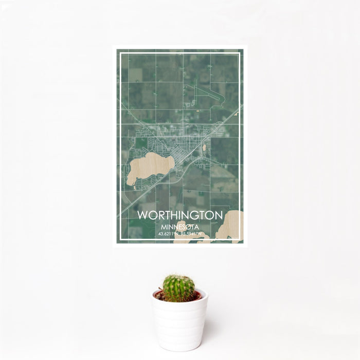 12x18 Worthington Minnesota Map Print Portrait Orientation in Afternoon Style With Small Cactus Plant in White Planter