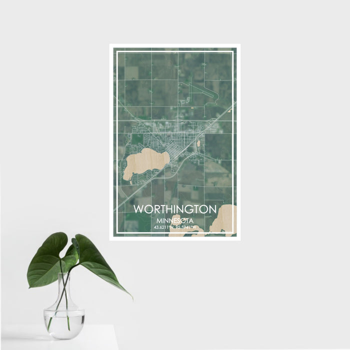 16x24 Worthington Minnesota Map Print Portrait Orientation in Afternoon Style With Tropical Plant Leaves in Water
