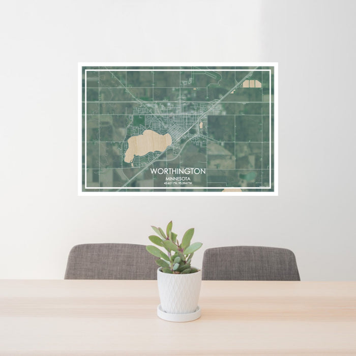 24x36 Worthington Minnesota Map Print Lanscape Orientation in Afternoon Style Behind 2 Chairs Table and Potted Plant