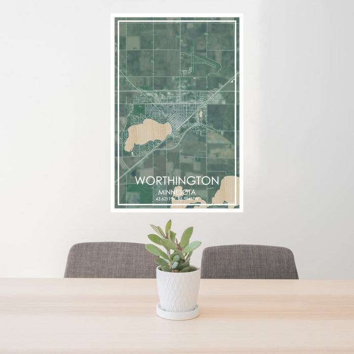 24x36 Worthington Minnesota Map Print Portrait Orientation in Afternoon Style Behind 2 Chairs Table and Potted Plant