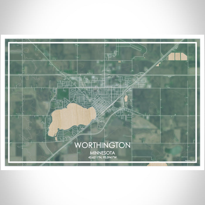 Worthington Minnesota Map Print Landscape Orientation in Afternoon Style With Shaded Background