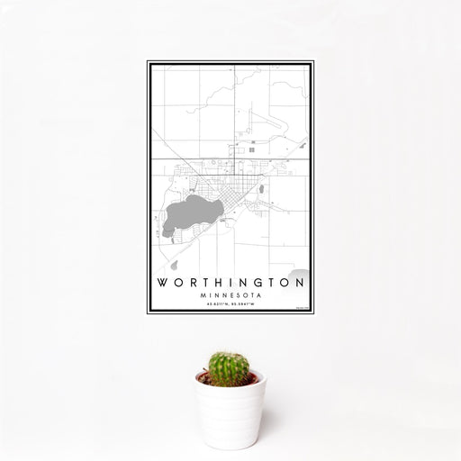 12x18 Worthington Minnesota Map Print Portrait Orientation in Classic Style With Small Cactus Plant in White Planter