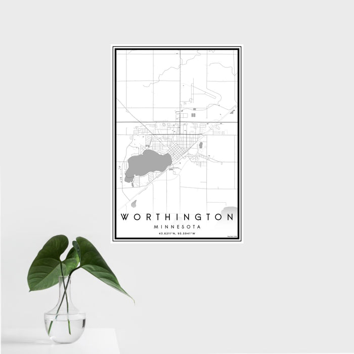 16x24 Worthington Minnesota Map Print Portrait Orientation in Classic Style With Tropical Plant Leaves in Water