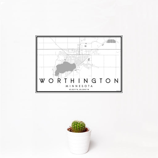 12x18 Worthington Minnesota Map Print Landscape Orientation in Classic Style With Small Cactus Plant in White Planter