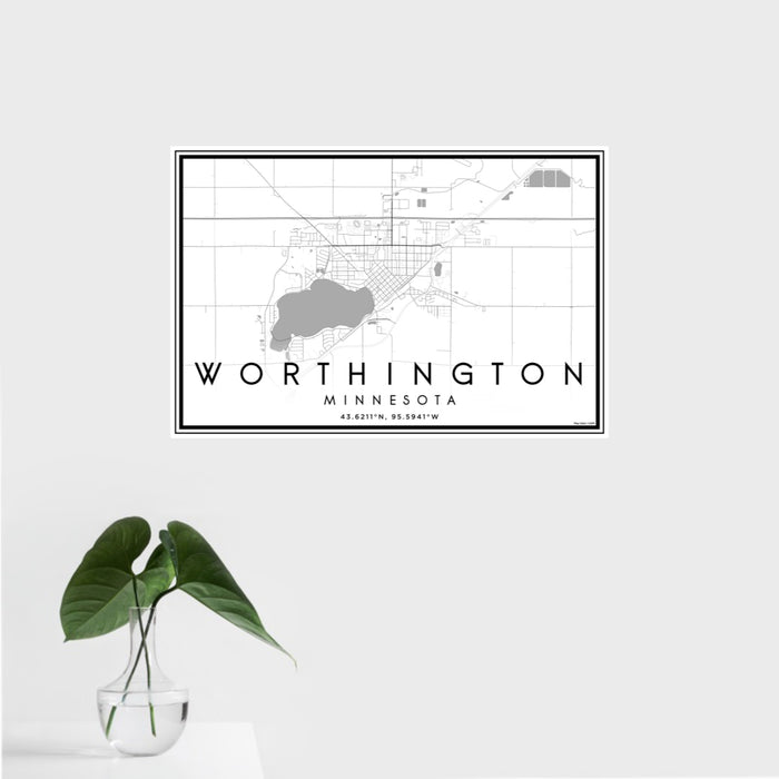 16x24 Worthington Minnesota Map Print Landscape Orientation in Classic Style With Tropical Plant Leaves in Water