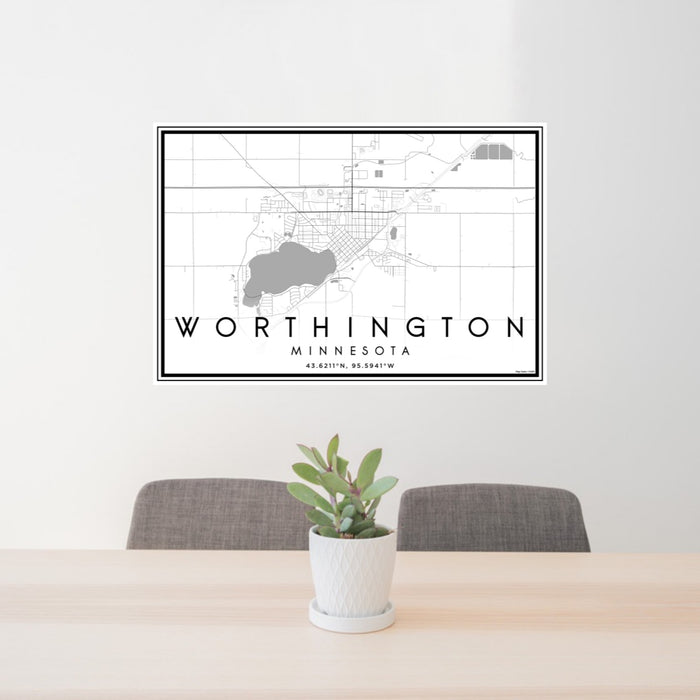 24x36 Worthington Minnesota Map Print Landscape Orientation in Classic Style Behind 2 Chairs Table and Potted Plant
