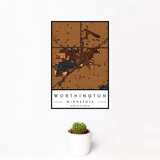 12x18 Worthington Minnesota Map Print Portrait Orientation in Ember Style With Small Cactus Plant in White Planter